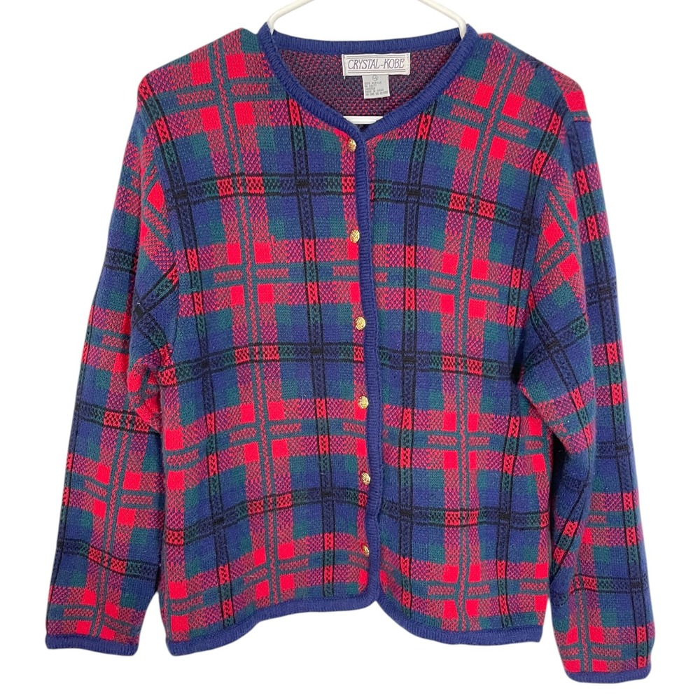 Crystal Kobe Large Blue Red Plaid Button Cardigan Gold Buttons Vintage Preppy